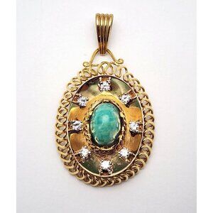 18K Solid Yellow Gold Designer Diamond & Green Cabochon Gemstone Charm Pendant